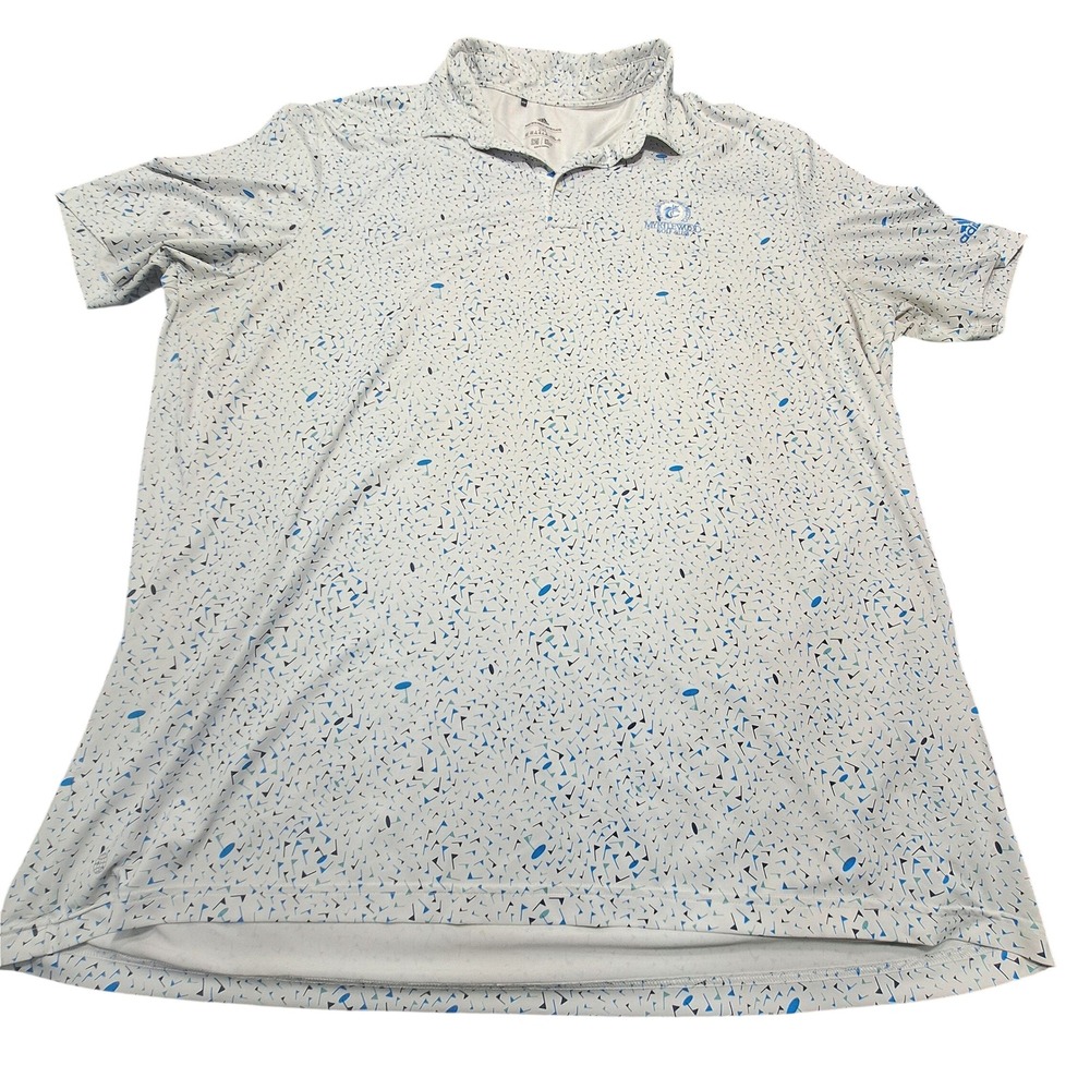 Adidas Myrtlewood Golf Club Polo Shirt Mens 2XL White Blue Flag Print Parley